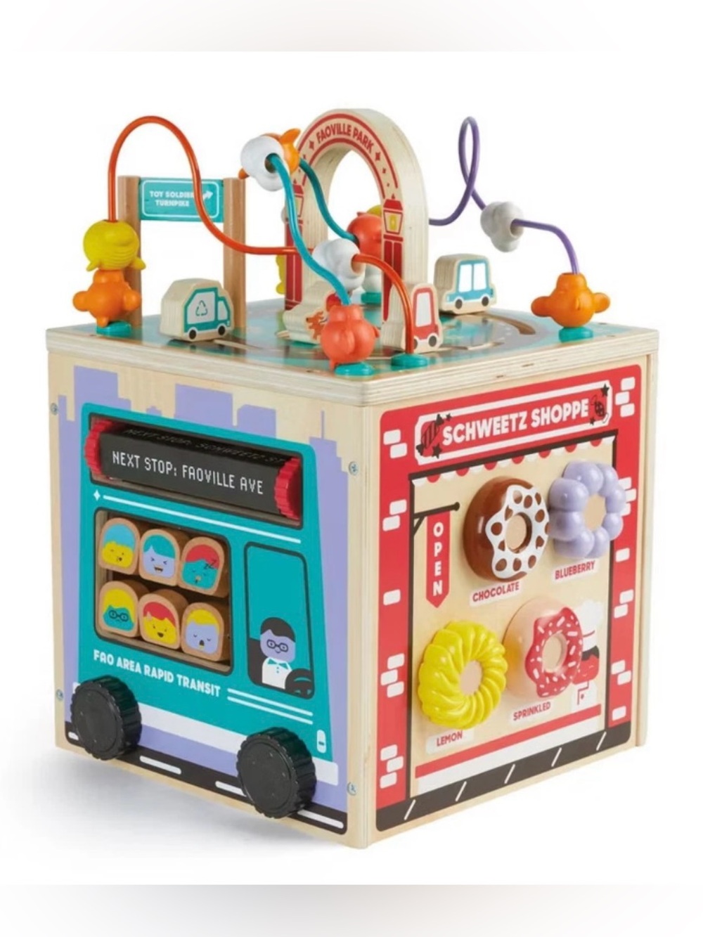 FAO Schwarz Busy City Wooden Activity Cube | Cars Bus Taxis — Fun For 12m+